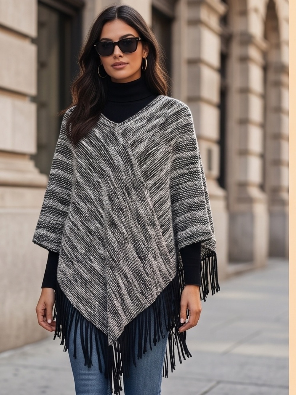 Black & White Fringe Knit Fall Winter Poncho Sweater